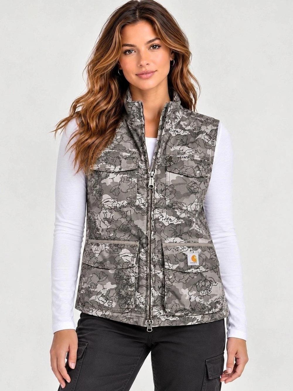 Carhartt Size Medium Women’s El Paso Floral Camo Gray Utility Zip Vest